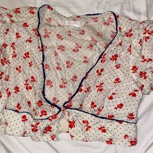 Floral Polka Dot Blouse with Navy Trim